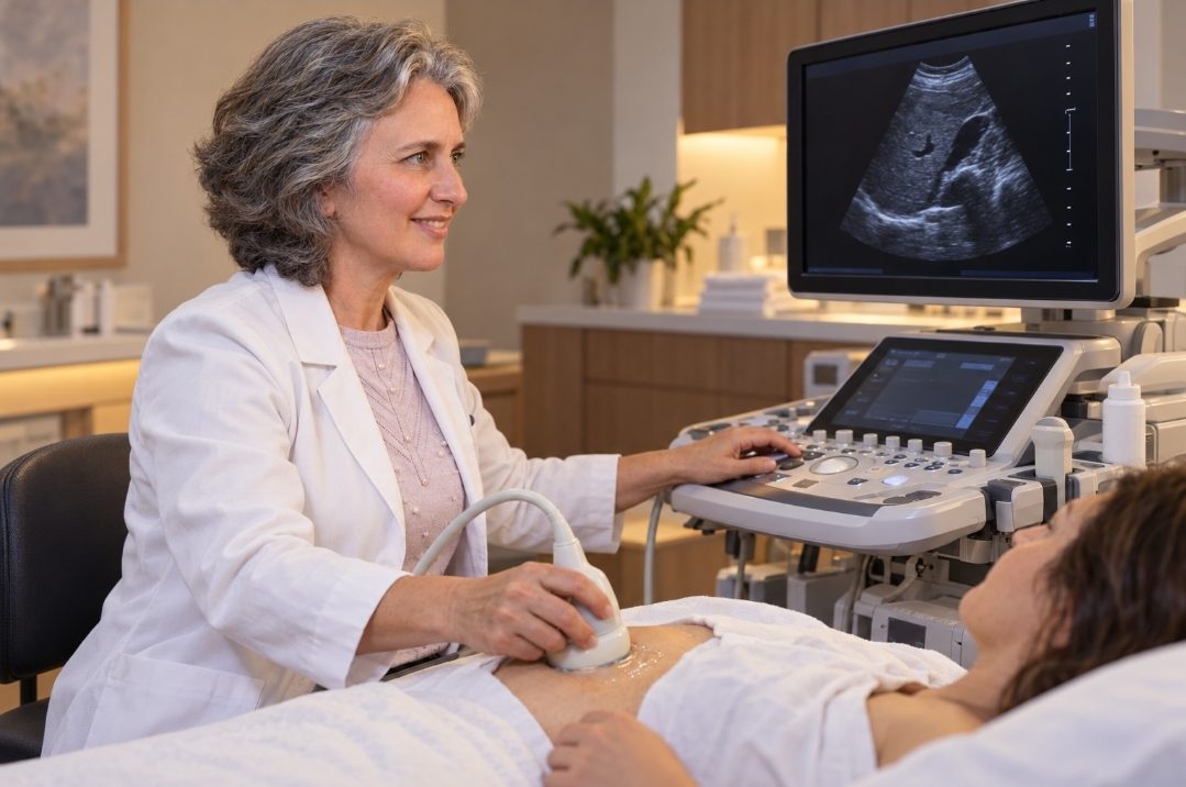 Dra. Lení realizando exame de ultrassom